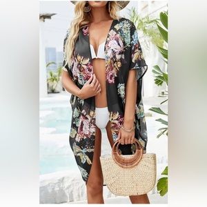 Kimono Duster Cover-up Black Multicolored Floral NWOT New! One Size